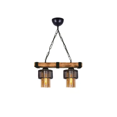 LEDTM® GLORA 201-0008 Vintage Κρεμαστό Φωτιστικό Ράγα Δίφωτο 2 x E27 IP20 Μπεζ Ξύλο με Μαύρο Μέταλλο & Μελί Γυαλί - Μ38 x Π12 x Υ21cm