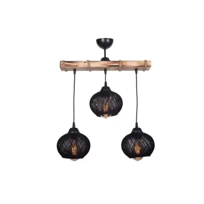 LEDTM® LUMA 201-0010 Vintage Κρεμαστό Φωτιστικό Ράγα Τρίφωτο 3 x E27 IP20 Μπεζ Ξύλο με Μαύρο Σχοινί - Μ55 x Π18 x Υ65cm