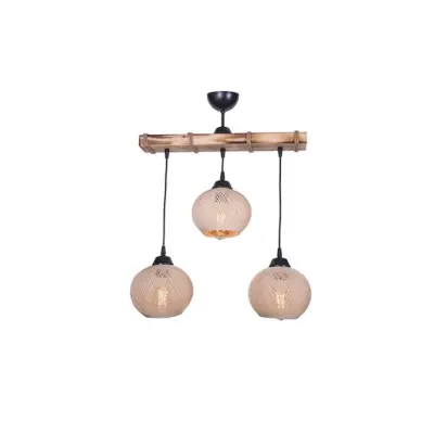 LEDTM® LUMA 201-0011 Vintage Κρεμαστό Φωτιστικό Ράγα Τρίφωτο 3 x E27 IP20 Μπεζ Ξύλο με Μπεζ Σχοινί - Μ55 x Π18 x Υ65cm
