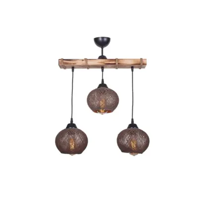 LEDTM® LUMA 201-0012 Vintage Κρεμαστό Φωτιστικό Ράγα Τρίφωτο 3 x E27 IP20 Μπεζ Ξύλο με Καφέ Σχοινί - Μ55 x Π18 x Υ65cm