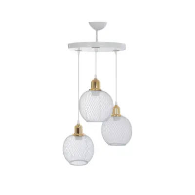 LEDTM® VIVIDUS 201-0021 Vintage Κρεμαστό Φωτιστικό Πλέγμα Τρίφωτο 3 x E27 IP20 Λευκό & Χρυσό Μέταλλο - Μ40 x Π40 x Υ60cm