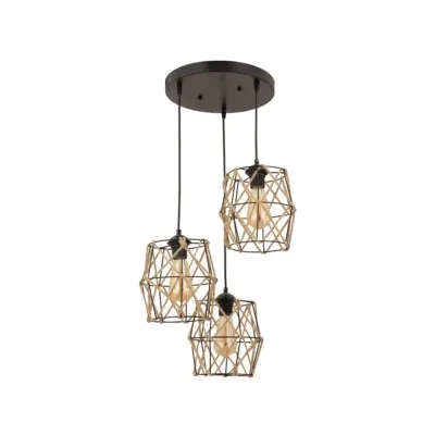 LEDTM® RAYLO 201-0048 Vintage Κρεμαστό Φωτιστικό Πλέγμα Τριφωτο 3 x E27 IP20 Μαύρο Μέταλλο με Μπεζ Σχοινί - Μ44 x Π44 x Υ73cm