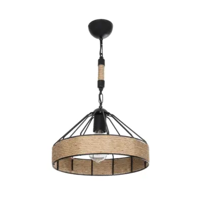 LEDTM® ZION 203-0003 Vintage Κρεμαστό Φωτιστικό Σχοινί Μονόφωτο 1 x E27 IP20 Μαύρο Μέταλλο με Μπεζ Σχοινί - Μ33 x Π33 x Υ29cm
