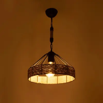 LEDTM® ZION 203-0003 Vintage Κρεμαστό Φωτιστικό Σχοινί Μονόφωτο 1 x E27 IP20 Μαύρο Μέταλλο με Μπεζ Σχοινί - Μ33 x Π33 x Υ29cm - Image 3