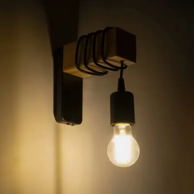 LEDTM® XYLO 203-0014 Μοντέρνο Επιτοίχιο Φωτιστικό Απλίκα Μονόφωτο 1 x E27 IP20 Μαύρο Μέταλλο με Μπεζ Ξύλο - Μ18 x Π18 x Υ19cm - Image 3