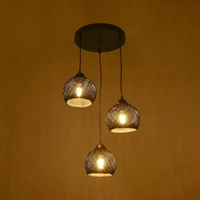 LEDTM® YASAM 203-0022 Vintage Κρεμαστό Φωτιστικό Πλέγμα Τρίφωτο 3 x E27 IP20 Μαύρο Ρατάν - Μ42 x Π42 x Υ54cm - Image 3
