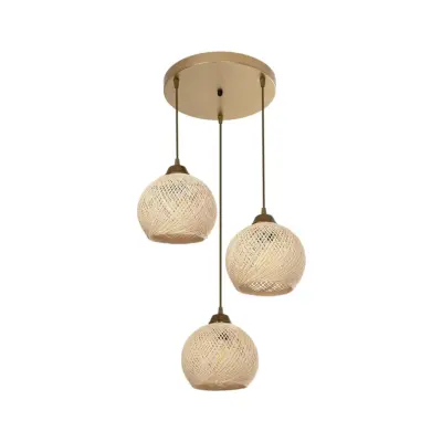 LEDTM® YASAM 203-0024 Vintage Κρεμαστό Φωτιστικό Πλέγμα Τρίφωτο 3 x E27 IP20 Μπεζ Ρατάν - Μ42 x Π42 x Υ54cm