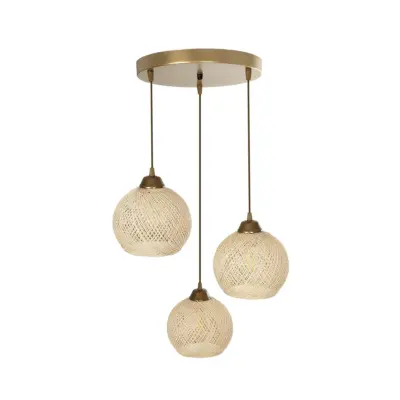 LEDTM® YASAM 203-0024 Vintage Κρεμαστό Φωτιστικό Πλέγμα Τρίφωτο 3 x E27 IP20 Μπεζ Ρατάν - Μ42 x Π42 x Υ54cm - Image 6
