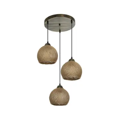 LEDTM® YASAM 203-0025 Vintage Κρεμαστό Φωτιστικό Πλέγμα Τρίφωτο 3 x E27 IP20 Καφέ Ρατάν - Μ42 x Π42 x Υ54cm