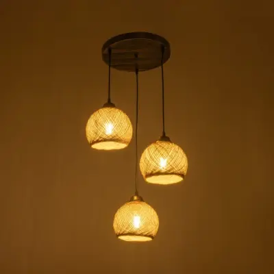 LEDTM® YASAM 203-0025 Vintage Κρεμαστό Φωτιστικό Πλέγμα Τρίφωτο 3 x E27 IP20 Καφέ Ρατάν - Μ42 x Π42 x Υ54cm - Image 3