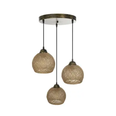 LEDTM® YASAM 203-0025 Vintage Κρεμαστό Φωτιστικό Πλέγμα Τρίφωτο 3 x E27 IP20 Καφέ Ρατάν - Μ42 x Π42 x Υ54cm - Image 6