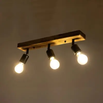 LEDTM® CUP 203-0061 Vintage Φωτιστικό Οροφής Ράγα Τρίφωτο 3 x E27 IP20 Μαύρο Μέταλλο με Μπέζ Ξύλο - Μ50 x Π8 x Υ15cm - Image 3