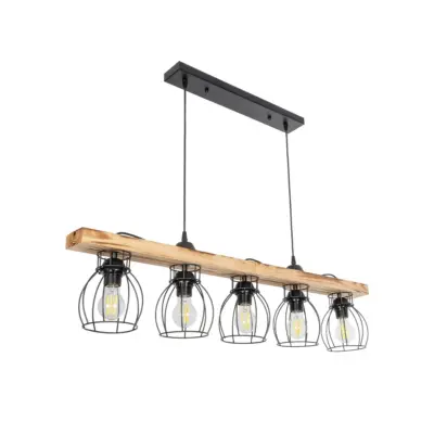 LEDTM® BARISTA 203-0095 Vintage Κρεμαστό Φωτιστικό Ράγα Πολύφωτο 5 x E27 IP20 Μαύρο Μεταλλό με Μπεζ Ξύλο - Μ50 x Π8 x Υ3cm