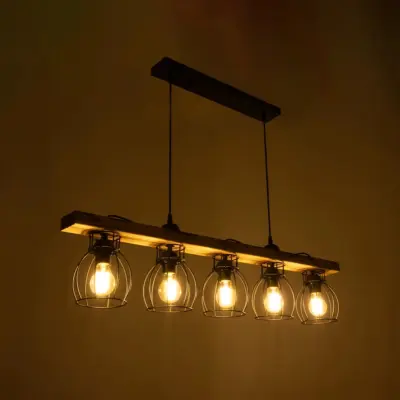LEDTM® BARISTA 203-0095 Vintage Κρεμαστό Φωτιστικό Ράγα Πολύφωτο 5 x E27 IP20 Μαύρο Μεταλλό με Μπεζ Ξύλο - Μ50 x Π8 x Υ3cm - Image 3
