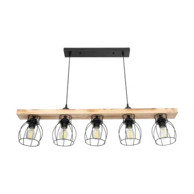 LEDTM® BARISTA 203-0095 Vintage Κρεμαστό Φωτιστικό Ράγα Πολύφωτο 5 x E27 IP20 Μαύρο Μεταλλό με Μπεζ Ξύλο - Μ50 x Π8 x Υ3cm - Image 5