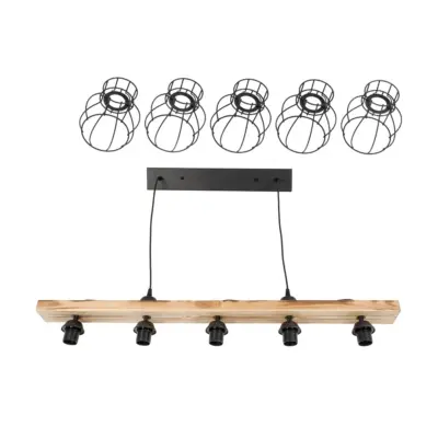 LEDTM® BARISTA 203-0095 Vintage Κρεμαστό Φωτιστικό Ράγα Πολύφωτο 5 x E27 IP20 Μαύρο Μεταλλό με Μπεζ Ξύλο - Μ50 x Π8 x Υ3cm - Image 9