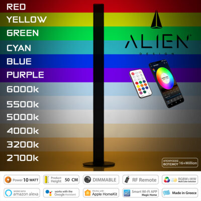 LEDTM® ALIEN-DIVA-BLACK-50-12 ALIEN Design DIVA Μοντέρνο Minimal Nordic Μεταλλικό Φωτιστικό Επιτραπέζιο - Πορτατίφ - Λαμπατέρ Μαύρο LED 10W 1500lm με Ασύρματο Χειριστήριο RF & Dimmer IP20 Πολύχρωμο RGBW + WW Smart Home Wi-Fi Μ3 x Π1.6 x Υ50cm - Image 4