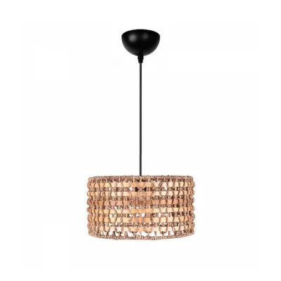 LEDTM® POMEGRANDE 204-0158 Boho Κρεμαστό Φωτιστικό Kαπέλο Μονόφωτο 1 x E27 IP20 Μπεζ Rattan με Καφέ Ξυλο - Μ30 x Π30 x Υ16cm