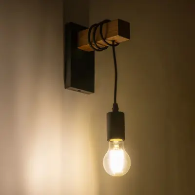 LEDTM® KELA 00880 Μοντέρνο Επιτοίχιο Φωτιστικό Απλίκα Μονόφωτο 1 x E27 IP20 Μαύρο Μέταλλο με Μπεζ Ξύλο - Μ8 x Π15 x Υ30cm - Image 3