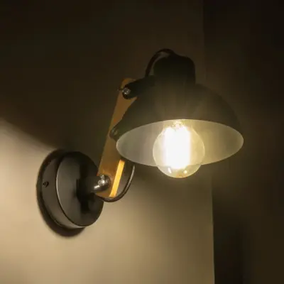LEDTM® GRANT 00902 Μοντέρνο Επιτοίχιο Φωτιστικό Απλίκα Μονόφωτο 1 x E27 IP20 Μαύρο Μέταλλο με Μπεζ Ξύλο - Μ15 x Π23 x Υ22cm - Image 3