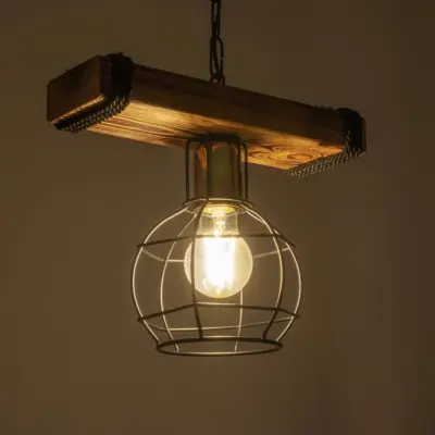 LEDTM® STARLO 201-0004 Vintage Κρεμαστό Φωτιστικό Ράγα Μονόφωτο 1 x E27 IP20 Μπεζ Ξύλο με Μαύρο Μέταλλο - Μ30 x Π16 x Υ23cm - Image 3