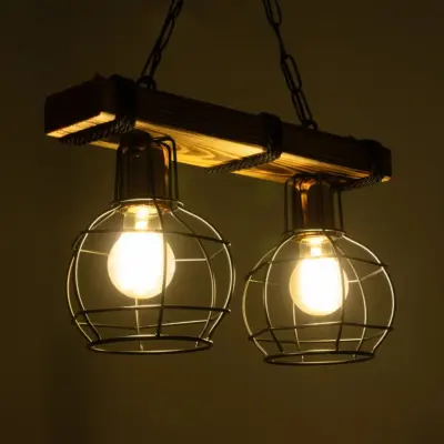 LEDTM® STARLO 201-0005 Vintage Κρεμαστό Φωτιστικό Ράγα Δίφωτο 2 x E27 IP20 Μπεζ Ξύλο με Μαύρο Μέταλλο - Μ40 x Π15x Υ65cm - Image 3