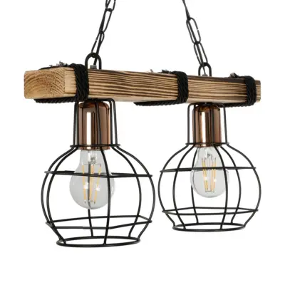 LEDTM® STARLO 201-0005 Vintage Κρεμαστό Φωτιστικό Ράγα Δίφωτο 2 x E27 IP20 Μπεζ Ξύλο με Μαύρο Μέταλλο - Μ40 x Π15x Υ65cm - Image 5