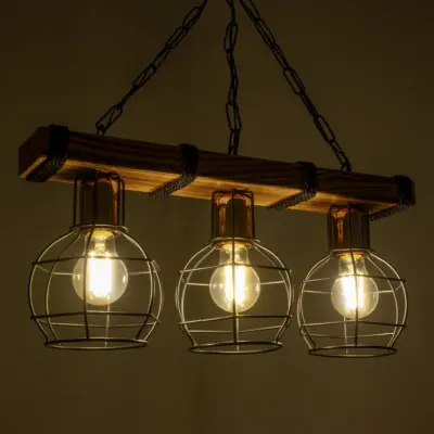 LEDTM® STARLO 201-0006 Vintage Κρεμαστό Φωτιστικό Ράγα Τρίφωτο 3 x E27 IP20 Μπεζ Ξύλο με Μαύρο Μέταλλο - Μ50 x Π16 x Υ23cm - Image 3