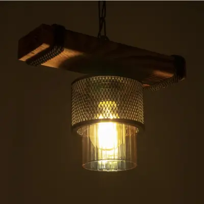 LEDTM® GLORA 201-0007 Vintage Κρεμαστό Φωτιστικό Ράγα Μονόφωτο 1 x E27 IP20 Μπεζ Ξύλο με Μαύρο Μέταλλο & Μελί Γυαλί - Μ29 x Π12 x Υ21cm - Image 3