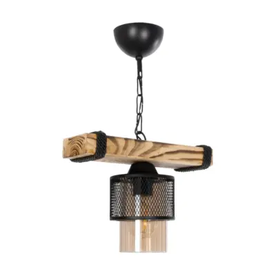 LEDTM® GLORA 201-0007 Vintage Κρεμαστό Φωτιστικό Ράγα Μονόφωτο 1 x E27 IP20 Μπεζ Ξύλο με Μαύρο Μέταλλο & Μελί Γυαλί - Μ29 x Π12 x Υ21cm - Image 4