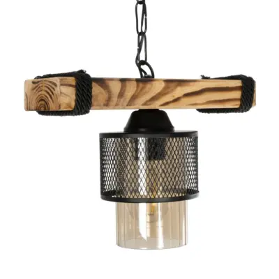 LEDTM® GLORA 201-0007 Vintage Κρεμαστό Φωτιστικό Ράγα Μονόφωτο 1 x E27 IP20 Μπεζ Ξύλο με Μαύρο Μέταλλο & Μελί Γυαλί - Μ29 x Π12 x Υ21cm - Image 5