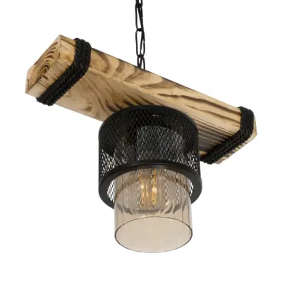 LEDTM® GLORA 201-0007 Vintage Κρεμαστό Φωτιστικό Ράγα Μονόφωτο 1 x E27 IP20 Μπεζ Ξύλο με Μαύρο Μέταλλο & Μελί Γυαλί - Μ29 x Π12 x Υ21cm - Image 6