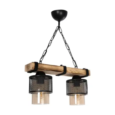 LEDTM® GLORA 201-0008 Vintage Κρεμαστό Φωτιστικό Ράγα Δίφωτο 2 x E27 IP20 Μπεζ Ξύλο με Μαύρο Μέταλλο & Μελί Γυαλί - Μ38 x Π12 x Υ21cm - Image 4
