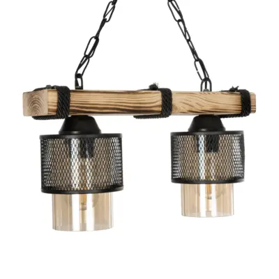 LEDTM® GLORA 201-0008 Vintage Κρεμαστό Φωτιστικό Ράγα Δίφωτο 2 x E27 IP20 Μπεζ Ξύλο με Μαύρο Μέταλλο & Μελί Γυαλί - Μ38 x Π12 x Υ21cm - Image 5