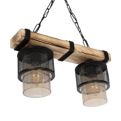 LEDTM® GLORA 201-0008 Vintage Κρεμαστό Φωτιστικό Ράγα Δίφωτο 2 x E27 IP20 Μπεζ Ξύλο με Μαύρο Μέταλλο & Μελί Γυαλί - Μ38 x Π12 x Υ21cm - Image 6