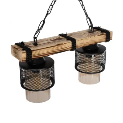 LEDTM® GLORA 201-0008 Vintage Κρεμαστό Φωτιστικό Ράγα Δίφωτο 2 x E27 IP20 Μπεζ Ξύλο με Μαύρο Μέταλλο & Μελί Γυαλί - Μ38 x Π12 x Υ21cm - Image 7
