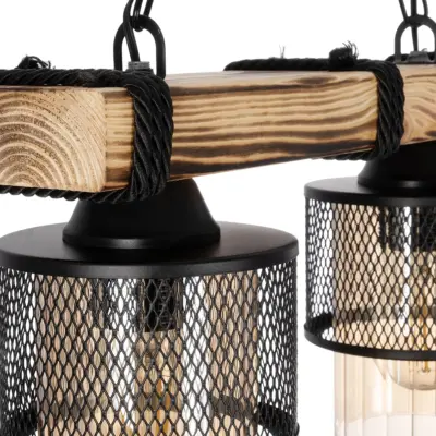 LEDTM® GLORA 201-0008 Vintage Κρεμαστό Φωτιστικό Ράγα Δίφωτο 2 x E27 IP20 Μπεζ Ξύλο με Μαύρο Μέταλλο & Μελί Γυαλί - Μ38 x Π12 x Υ21cm - Image 8