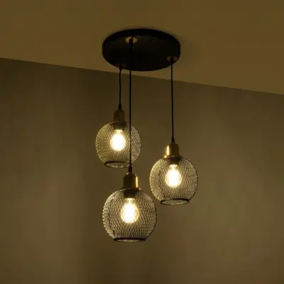 LEDTM® VIVIDUS 201-0020 Vintage Κρεμαστό Φωτιστικό Πλέγμα Τρίφωτο 3 x E27 IP20 Μαύρο & Χρυσό Μέταλλο - Μ40 x Π40 x Υ60cm - Image 3