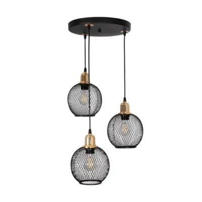 LEDTM® VIVIDUS 201-0020 Vintage Κρεμαστό Φωτιστικό Πλέγμα Τρίφωτο 3 x E27 IP20 Μαύρο & Χρυσό Μέταλλο - Μ40 x Π40 x Υ60cm - Image 4