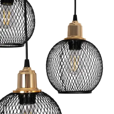 LEDTM® VIVIDUS 201-0020 Vintage Κρεμαστό Φωτιστικό Πλέγμα Τρίφωτο 3 x E27 IP20 Μαύρο & Χρυσό Μέταλλο - Μ40 x Π40 x Υ60cm - Image 7