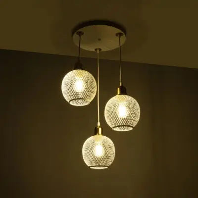 LEDTM® VIVIDUS 201-0021 Vintage Κρεμαστό Φωτιστικό Πλέγμα Τρίφωτο 3 x E27 IP20 Λευκό & Χρυσό Μέταλλο - Μ40 x Π40 x Υ60cm - Image 3