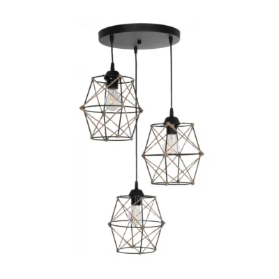 LEDTM® RAYLO 201-0048 Vintage Κρεμαστό Φωτιστικό Πλέγμα Τριφωτο 3 x E27 IP20 Μαύρο Μέταλλο με Μπεζ Σχοινί - Μ44 x Π44 x Υ73cm - Image 4