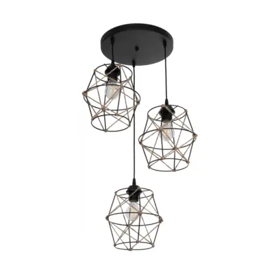 LEDTM® RAYLO 201-0048 Vintage Κρεμαστό Φωτιστικό Πλέγμα Τριφωτο 3 x E27 IP20 Μαύρο Μέταλλο με Μπεζ Σχοινί - Μ44 x Π44 x Υ73cm - Image 5