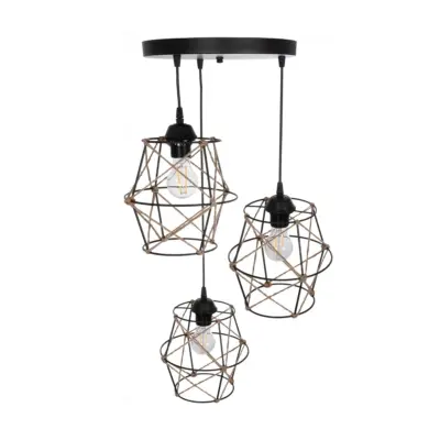 LEDTM® RAYLO 201-0048 Vintage Κρεμαστό Φωτιστικό Πλέγμα Τριφωτο 3 x E27 IP20 Μαύρο Μέταλλο με Μπεζ Σχοινί - Μ44 x Π44 x Υ73cm - Image 6