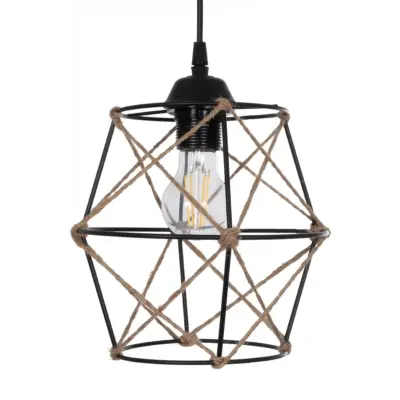 LEDTM® RAYLO 201-0048 Vintage Κρεμαστό Φωτιστικό Πλέγμα Τριφωτο 3 x E27 IP20 Μαύρο Μέταλλο με Μπεζ Σχοινί - Μ44 x Π44 x Υ73cm - Image 7