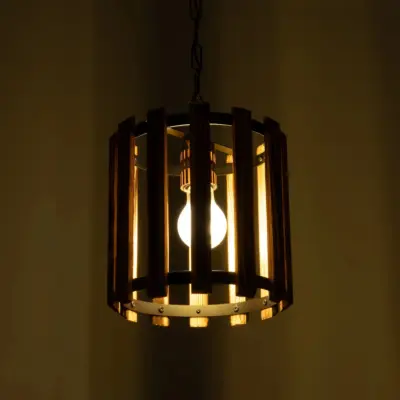 LEDTM® PRISMON 201-0061 Vintage Κρεμαστό Φωτιστικό Οροφής Πλέγμα Μονόφωτο 1 x E27 IP20 Καφέ Ξύλο με Μαύρο Μέταλλο - Μ22 x Π22 x Υ24cm - Image 3