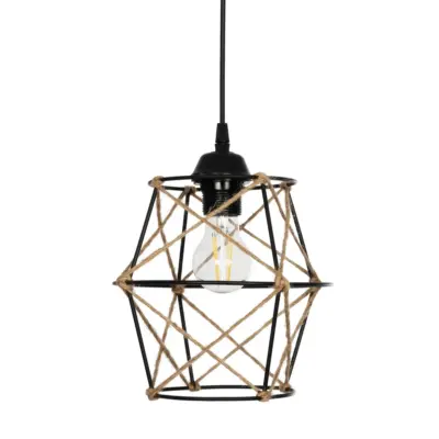 LEDTM® SOLON 201-0088 Vintage Κρεμαστό Φωτιστικό Πλέγμα Μονόφωτο 1 x E27 IP20 Μαύρο Μέταλλο με Μπεζ Σχοινί - Μ22 x Π22 x Υ27cm - Image 5