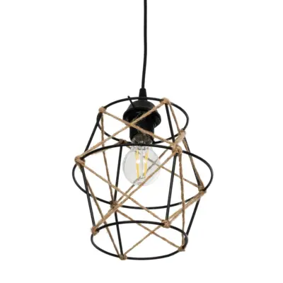 LEDTM® SOLON 201-0088 Vintage Κρεμαστό Φωτιστικό Πλέγμα Μονόφωτο 1 x E27 IP20 Μαύρο Μέταλλο με Μπεζ Σχοινί - Μ22 x Π22 x Υ27cm - Image 6