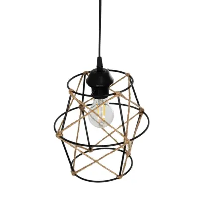 LEDTM® SOLON 201-0088 Vintage Κρεμαστό Φωτιστικό Πλέγμα Μονόφωτο 1 x E27 IP20 Μαύρο Μέταλλο με Μπεζ Σχοινί - Μ22 x Π22 x Υ27cm - Image 7