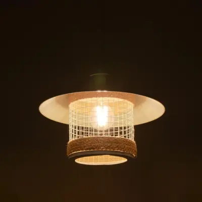 LEDTM® GLORA 201-0089 Vintage Κρεμαστό Φωτιστικό Καμπάνα Μονόφωτο 1 x E27 IP20 Λευκο Μέταλλο με Μπεζ Σχοινί - Μ30 x Π30 x Υ29cm - Image 3